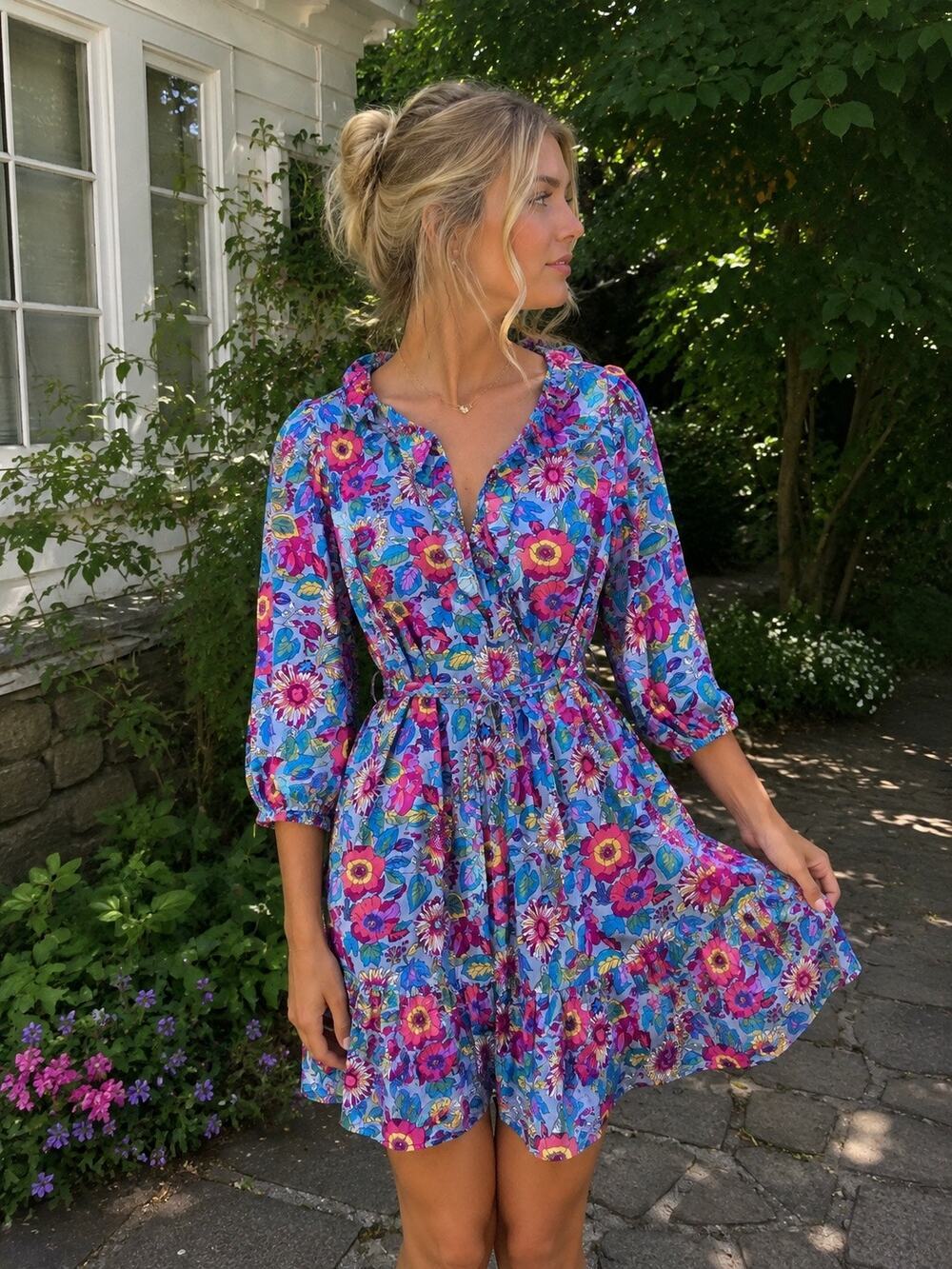 Melloday Floral Colorful Ruffle Flowy Mini Dress Church Spring Bright Size XS